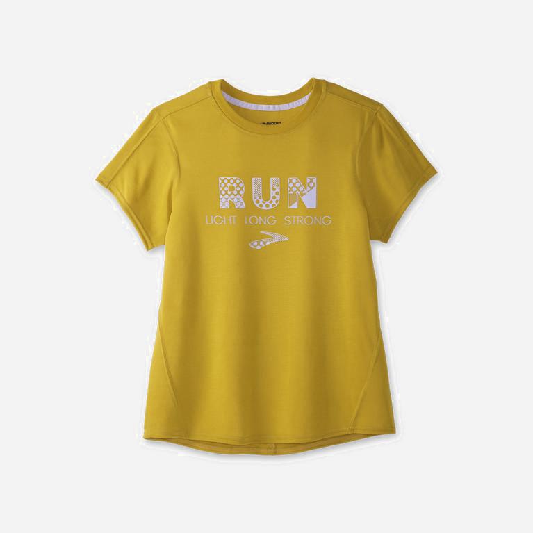 Brooks Distance Graphic NZ - Women's Short Sleeve Running Shirt - Heather Golden Hour/Run/grey (7059